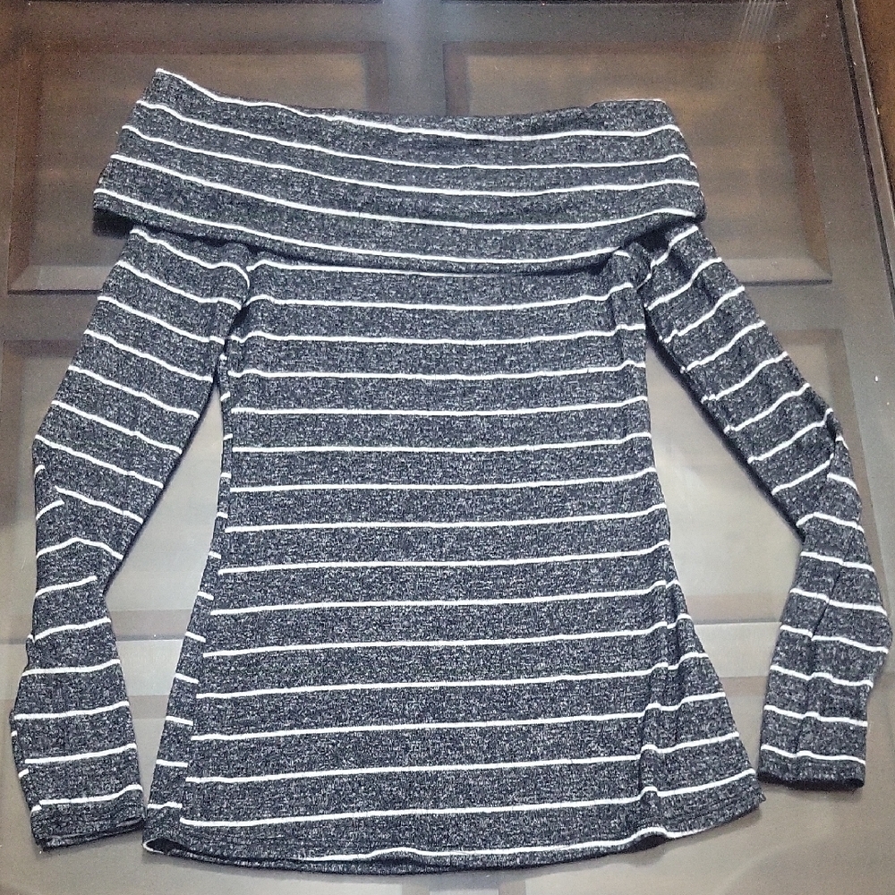 Vici Off-Shoulder Charcoal Striped Sweater